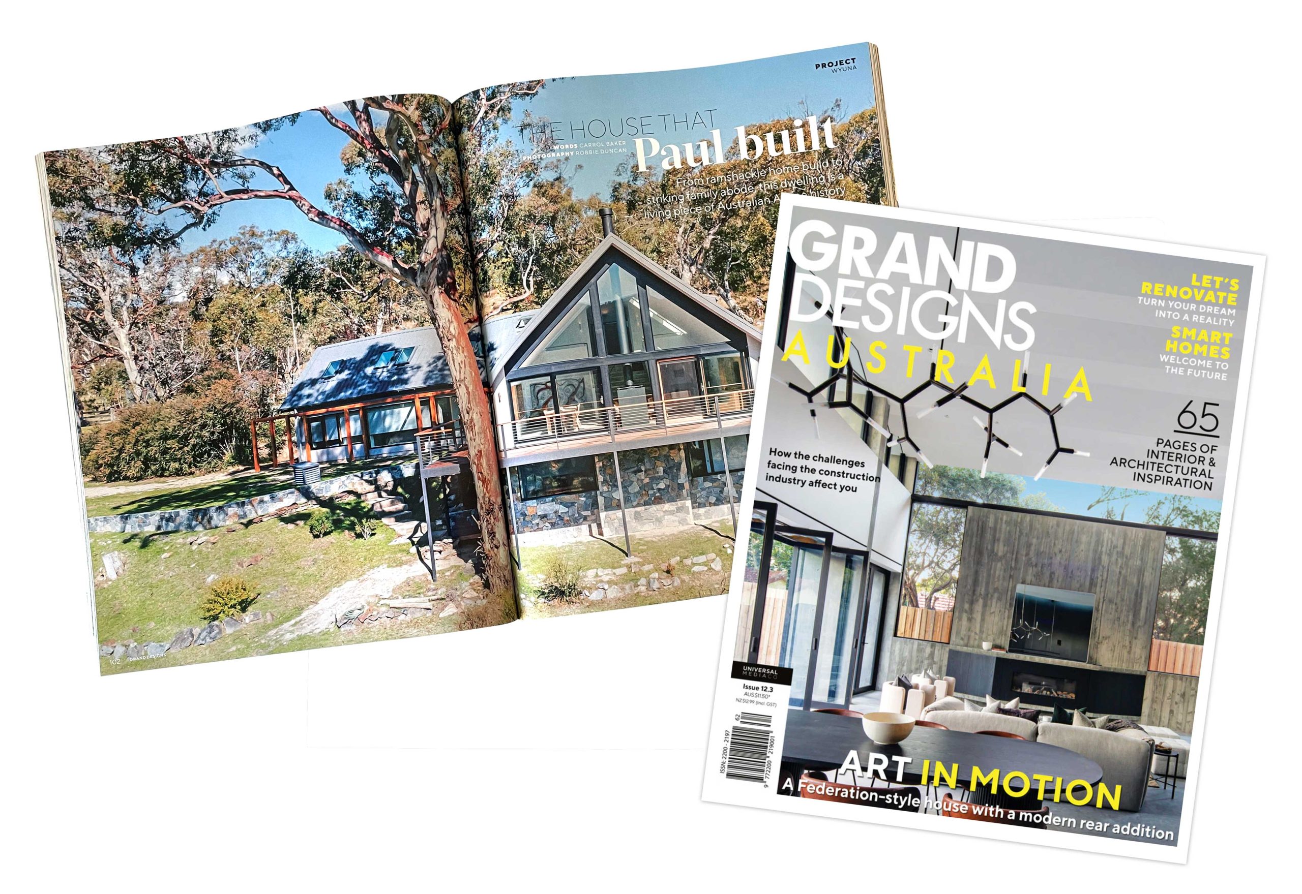 House Wyuna featured on Grand Designs Australia cover and opening spread Grand Designs Australia magazine cover and opening spread featuring House Wyuna by Jindabyne Homes, showing the exterior of the alpine home surrounded by gum trees.